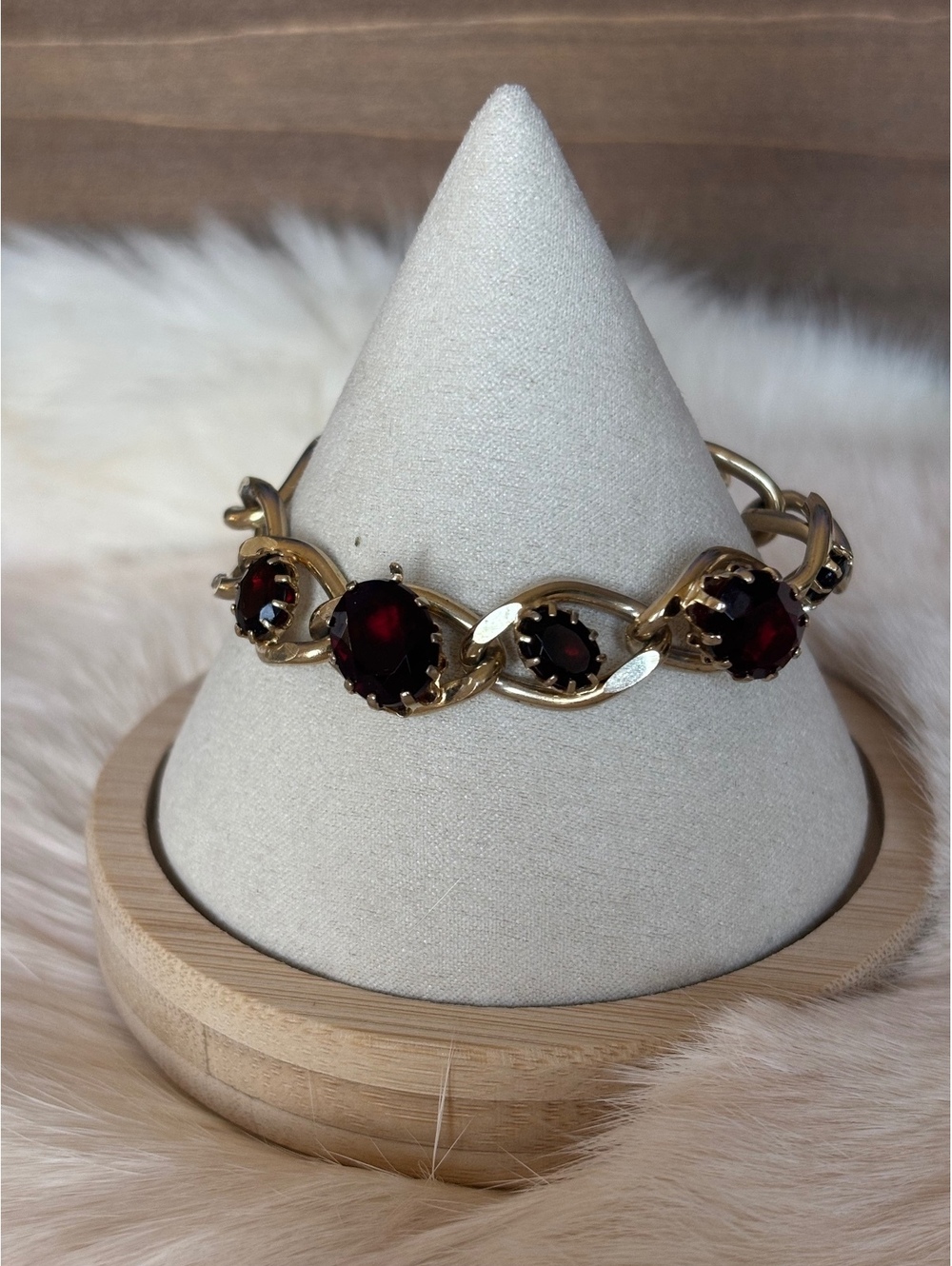 Gold Tone Bracelet with Dark Red Gemstone Accents Size 6